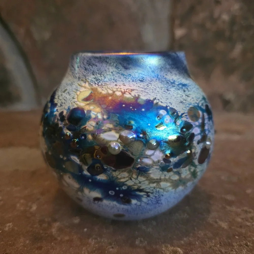 Hand Blown Iridescent Art Glass Vase Cobalt Blue Millefiori Studio Glass 5.5